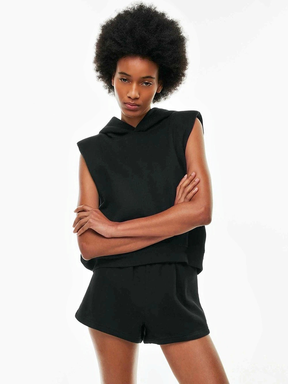ARITZIA Cozy SweatFleece Boyfriend Vest Shoulder Pad Hoodie Sleeveless Black S